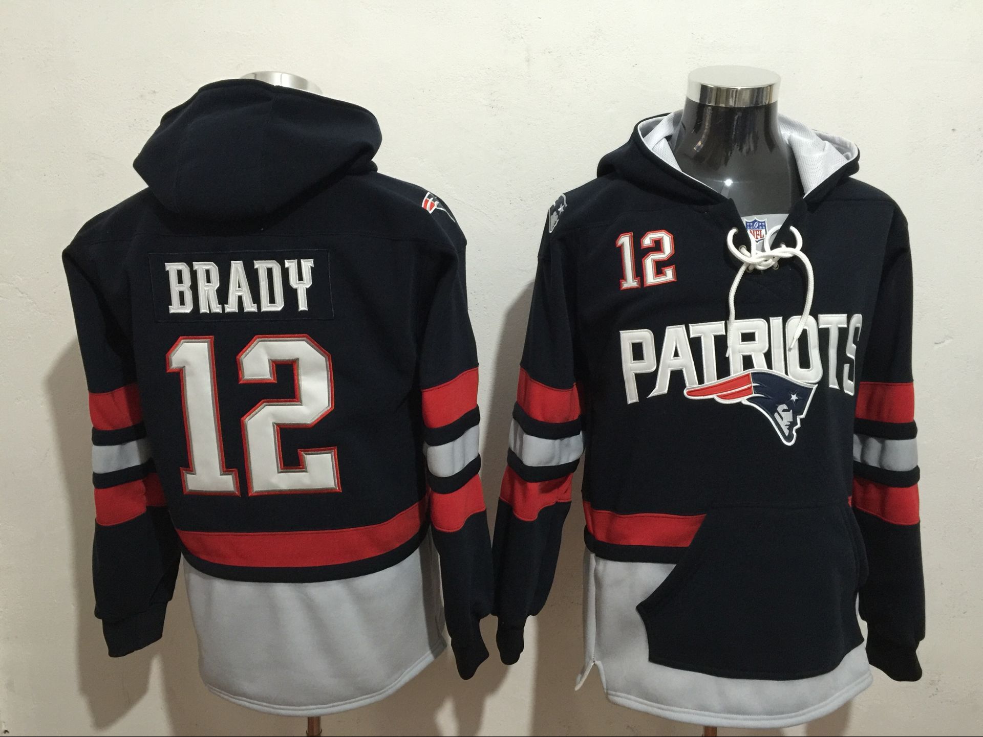 Men's New England Patriots #12 Tom Brady Blue All Stitched NFL Hooded Sweatshirt